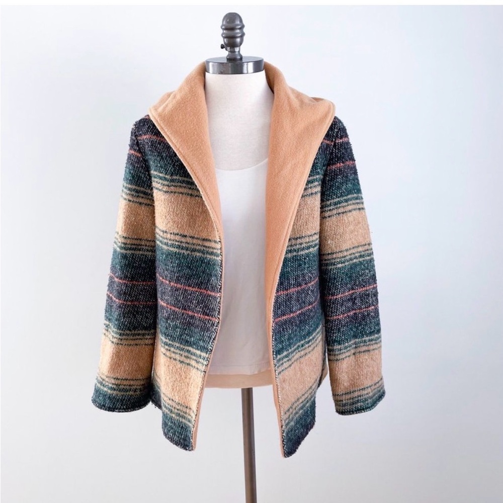 Wool Blanket Jacket with Hood XS/SM Tan Stripes - Reversible!